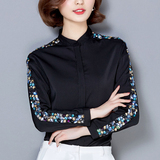 衬衫女长袖2016春秋新款韩版立领镶钻大码女装宽松蝙蝠雪纺衫上衣