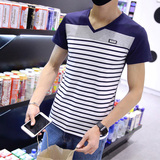 夏装简约半截袖修身男士短袖T恤 V领学生条纹体恤衫潮流韩版衣服