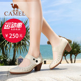 Camel骆驼女鞋 舒适圆头粗跟镂空头层水染牛皮腕带魔术贴单鞋女