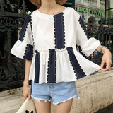 韩版学院风女装夏季喇叭袖娃娃衫宽松休闲五分袖短款衬衫短袖上衣