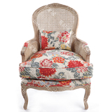 欧式法式田园古典风格复古红色大花藤椅布艺橡木雕花单人沙发
