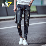 SIR7冬季男士修身牛仔长裤弹力小脚裤潮男3D印花复古破洞牛仔裤子