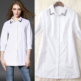 欧洲站2016早春女装新款 时尚领口订钻七分袖百搭中长款纯白衬衫