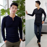 韩国代购男装春季上衣韩版修身V领男长袖T恤潮流青年纯色打底衫