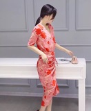 韩国夏季新款名媛气质开叉性感包臀裙中长款抽绳修身印花连衣裙女