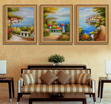 日康 三联地中海风景油画 纯手绘欧式乡村挂画有框画 客厅装饰画