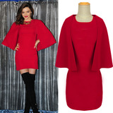 艾衣岑2015秋冬季时尚女装米兰达可儿同款大红色斗篷连衣裙包臀裙