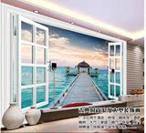立体3D大型壁画马尔代夫4D壁纸沙发电视背景墙纸假窗户海景地中海