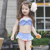 韩国女童格子花宝宝泳衣裙式分体比基尼游泳衣儿童温泉泳装三件套