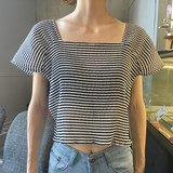 韩国夏季两面穿短款飞边袖单排扣娃娃衫气质方领修身短袖T恤女