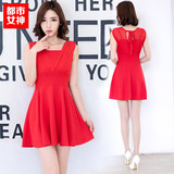 韩国夏季红色连衣裙中长款修身显瘦裙子甜美无袖雪纺中裙百褶裙女