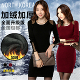 韩版新款秋冬装修身显瘦包臀长袖连衣裙中长款女士加绒加厚打底衫