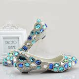 公主水晶鞋蓝色婚鞋平跟低跟新娘鞋坡跟水钻鞋拍婚纱照演出鞋伴娘
