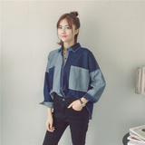 秋季新款韩版女BF风个性撞色牛仔衫单排扣宽松长袖衬衫上衣+L43