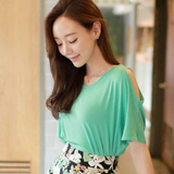 2016韩版春季新款女装时尚宽松蝙蝠衫大码短袖圆领纯棉针织打底衫