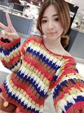 魔镜正品可代理2016女秋装新款韩版圆领彩色方块条纹长袖毛衣
