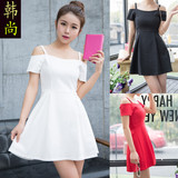 韩国2016夏季新款女装一字肩白色性感露肩吊带礼服小黑裙连衣裙潮