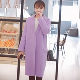2015秋冬新款韩国东大门实拍紫粉色手工中长廓形双面羊绒大衣现货