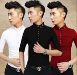 发型师男装韩版修身型男士中袖衬衫英伦潮流男七分袖夜店衬衣夏季