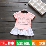 韩国夏季新款女童卡通T恤中长款儿童纯棉百搭宝宝短袖打底衫裙子