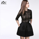 JC2016春装新款女装黑色时尚镂空性感蕾丝衫女百搭修身显瘦打底衫