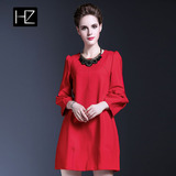 hz2016秋装大码女装时尚七分袖显瘦宽松红色灯笼裙新款连衣裙1111
