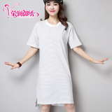 2016新款夏装韩版女装纯棉圆领口袋大码宽松中长款女士短袖t恤裙