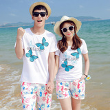 2016新款夏装韩国创意度假海边沙滩情侣装 修身显瘦T恤两件套装潮