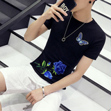 发型师夏季新款韩版修身时尚 个性短袖t恤男  玫瑰花刺绣T恤男潮