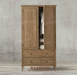 法式美式乡村复古衣柜 经典原木做旧实木橡木衣柜 双门儿童衣橱