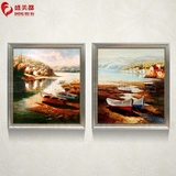 简约欧美式乡村手绘地中海风景油画山水玄关田园风格客厅双联有框