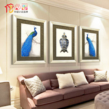 必画 客厅 现代 沙发背景墙装饰画三联欧式挂画 壁画有框画孔雀图