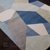 地中海蓝白色纯羊毛地毯卧室床边客厅几何不规则菱形三角拼块图案