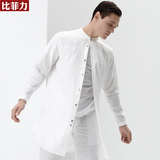 比菲力2016春装新款亚麻中长款白衬衫长袖立领衬衣男中国风时尚潮