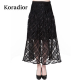 Koradior/珂莱蒂尔正品女装网纱黑色半身裙格纹透视时尚蕾丝半裙