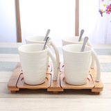 简约风格陶瓷咖啡杯碟带勺 创意纯白家用通用花茶杯配木座架