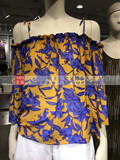 HM H&M女装专柜正品代购 松紧一字肩吊带紫色印花雪上衣-原价199