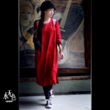 D521/均 阿元作品原创棉麻连衣裙中长款春秋红色袍子设计师女装W