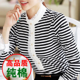 2016春装新款女装大码韩版黑白条纹长袖t恤女纯棉修身蕾丝打底衫