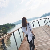 夏季新款宽松镂空不规则中长款短袖t恤女 韩版露背开叉白色上衣