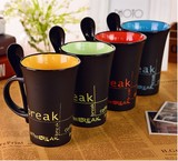 zakka创意杯子个性复古亚光黑陶瓷马克杯咖啡杯情侣水杯带勺茶杯