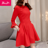 JKJS2016品牌女装修身七分袖冬季连衣裙秋冬新款红色 修身A字裙子