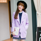 韩版紫色毛呢大衣2015秋冬季欧薇娅休闲女装长袖花边领呢子外套