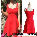 2016夏季新款女装红色V领性感收腰显瘦冰丝针织连衣裙蓬蓬吊带裙