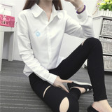 冬季韩版白色衬衣学生学院风大码修身韩范衬衫女长袖刺绣打底衫