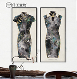 新中式水墨国画抽象花卉旗袍时尚复古有框装饰画原创竖版黑白挂画