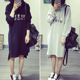 2016春装新款连衣裙韩版学生宽松卡通刺绣带帽中长款长袖卫衣女装