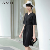 #Amii[极简主义]2016新V领中袖雪纺修身显瘦大码连衣裙 11681169