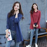 2016春秋韩版女装长袖中长款棉麻上衣女时尚显瘦假两件T恤打底衫
