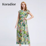 Koradior/珂莱蒂尔正品女夏韩版条纹印花修身显瘦雪纺长款连衣裙
